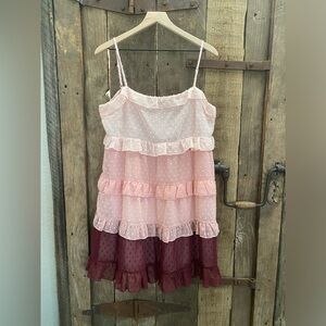 Women Pink Ombre Swiss Dot Ruffled Tiered Mini Dress NWT Size L - Super Cute!
